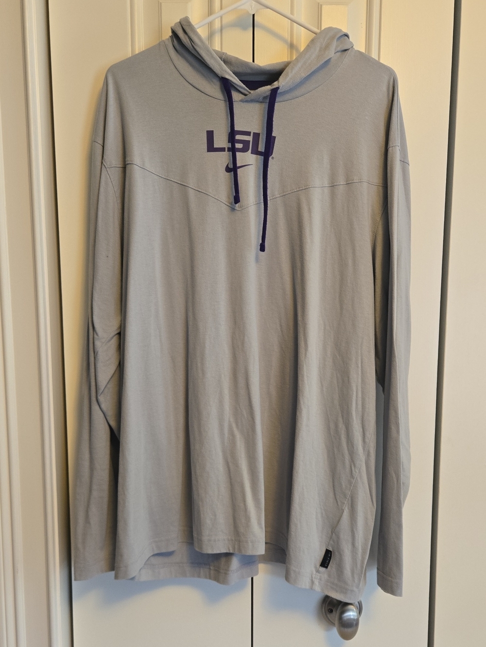 Nike LSU Light Gray Hooded Long-Sleeve Shirt with Purple Drawstrings